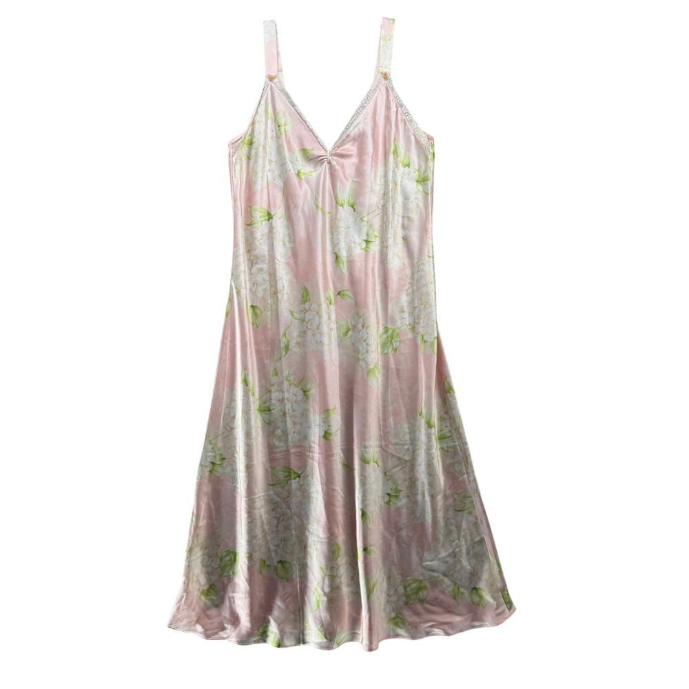 Oscar de la Renta Nightgown Pink Label Floral Satin Lace Trim XL Pink White